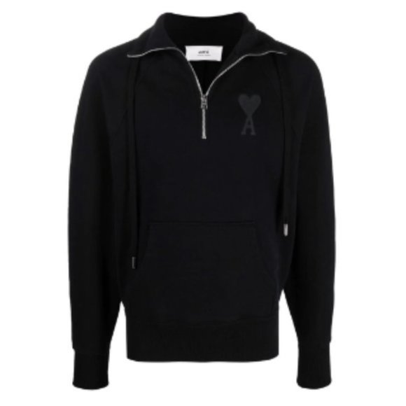 Ami Other - AMI Paris Black Ami De Coeur Half-Zip Sweatshirt - M 🇫🇷